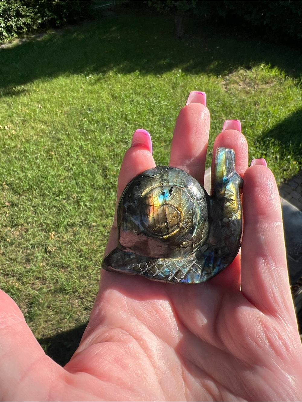 Handheld Labradorite Snail Figurine - Iridescent Blue-Green - Picture 4 of 6